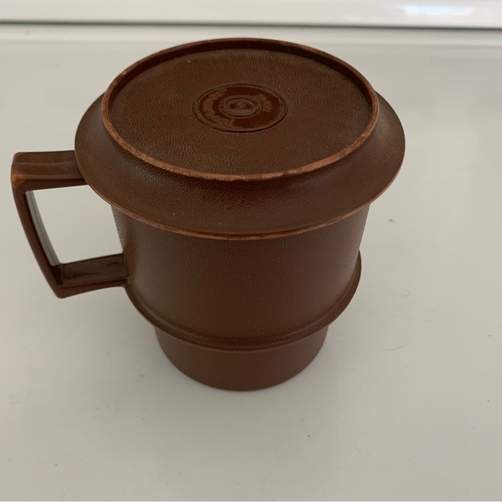 Tupperware Mug Lid Saucer chocolate Brown Vintage Camping Travel Coffee Cup - Picture 3 of 10